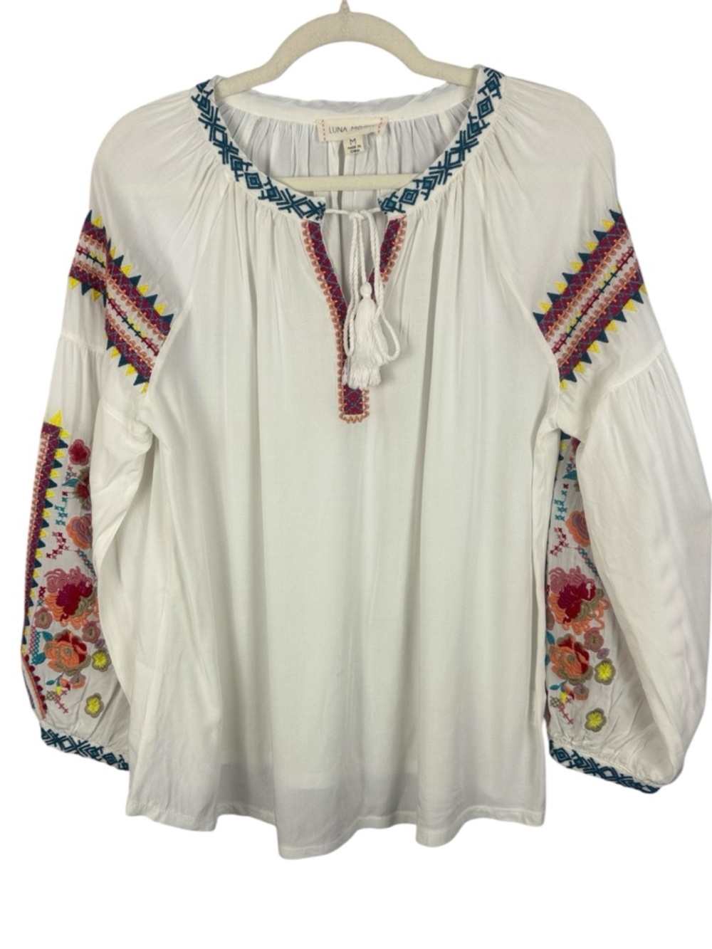 Luna Moon White Embroidered Boho Tie-Neck Medium Blouse with Floral Sleeves